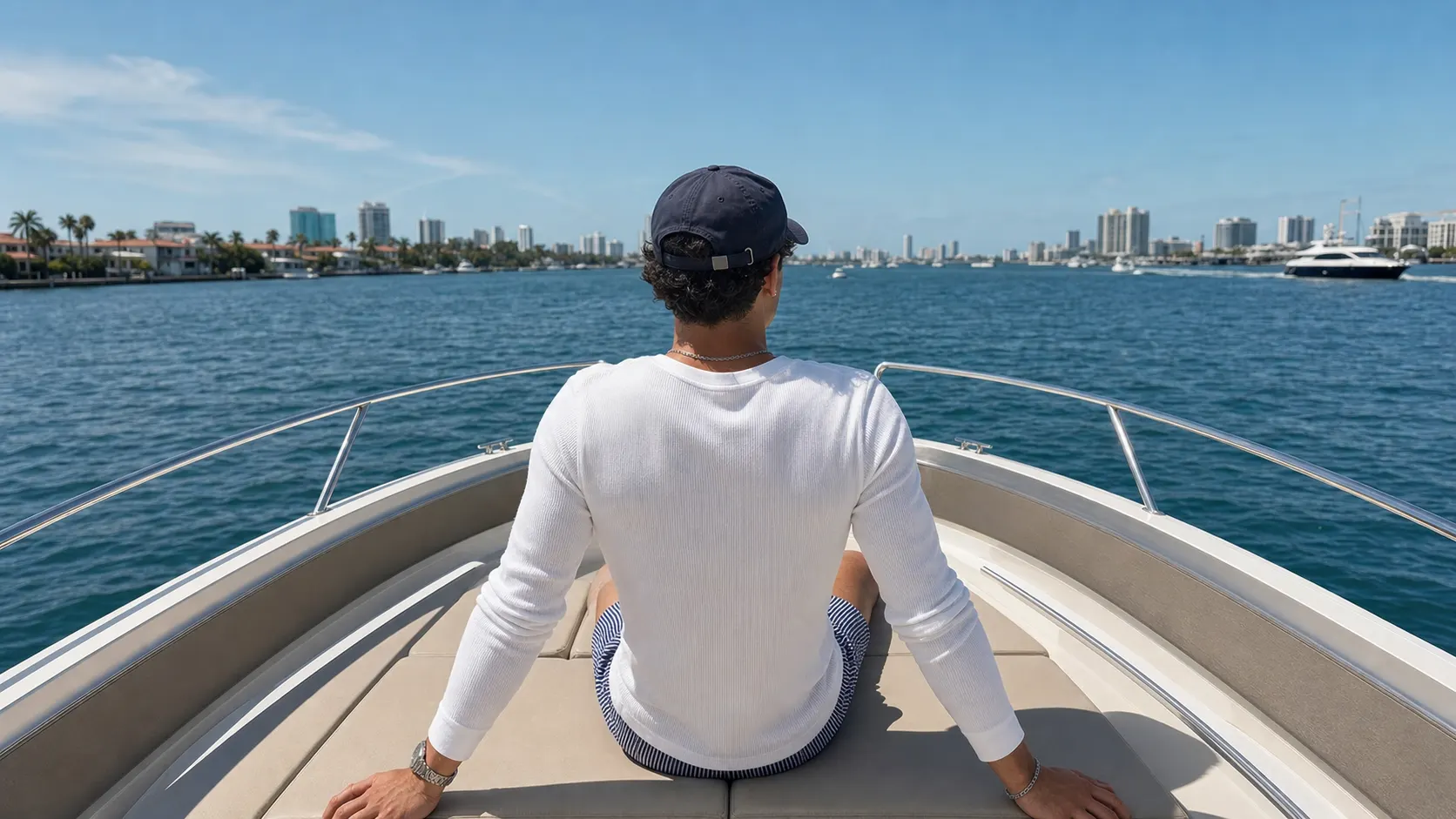 Lorént white henley worn on a boat