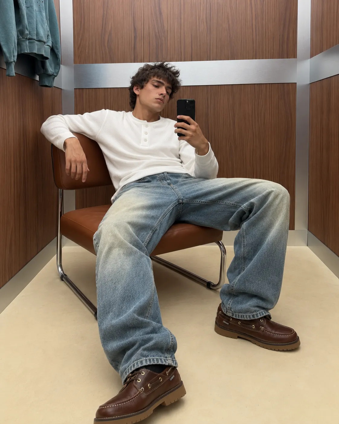 Seated mirror portrait wearing the white Matteo Henley and relaxed denim