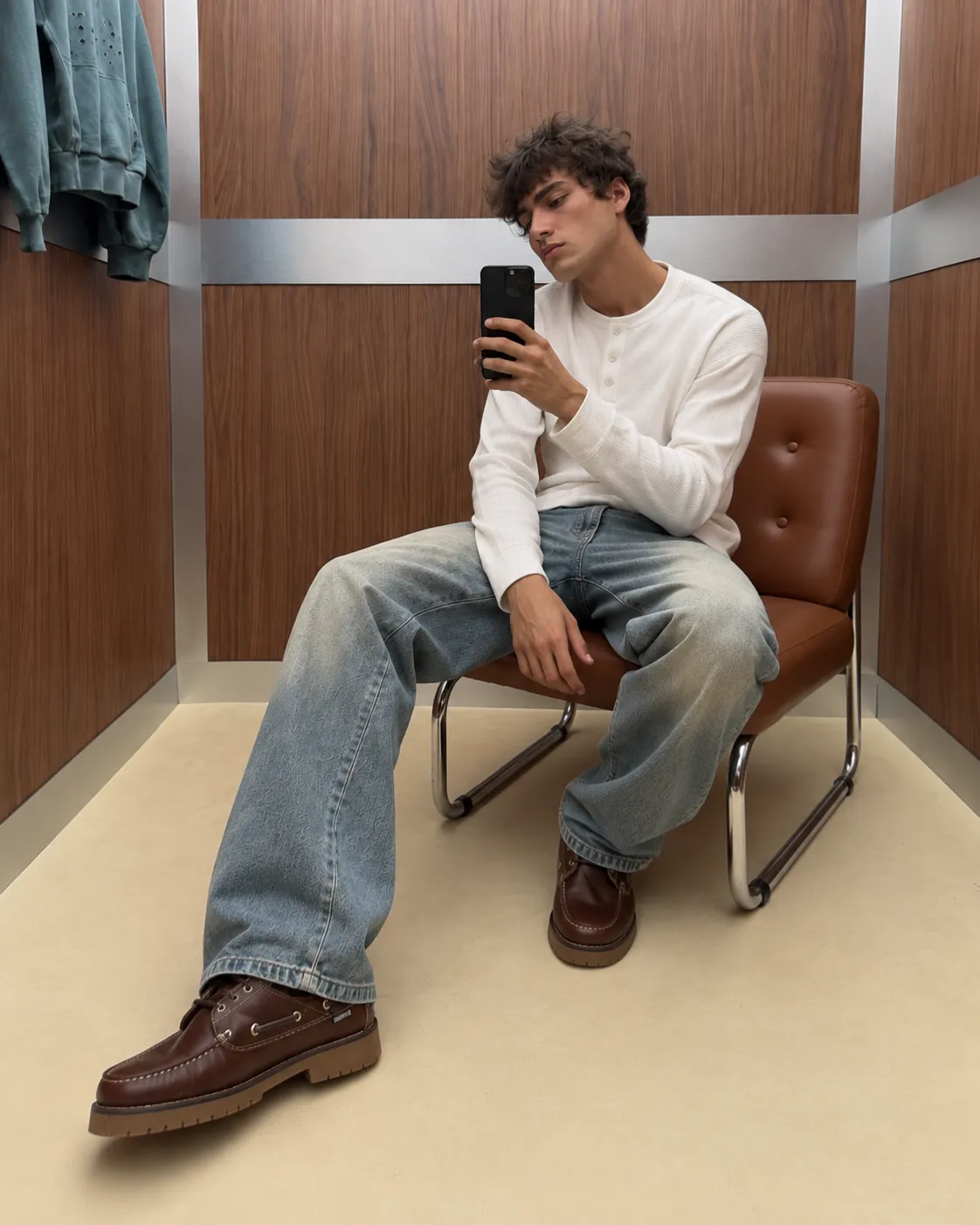 Matteo Henley styled with denim and brown shoes in a fitting room