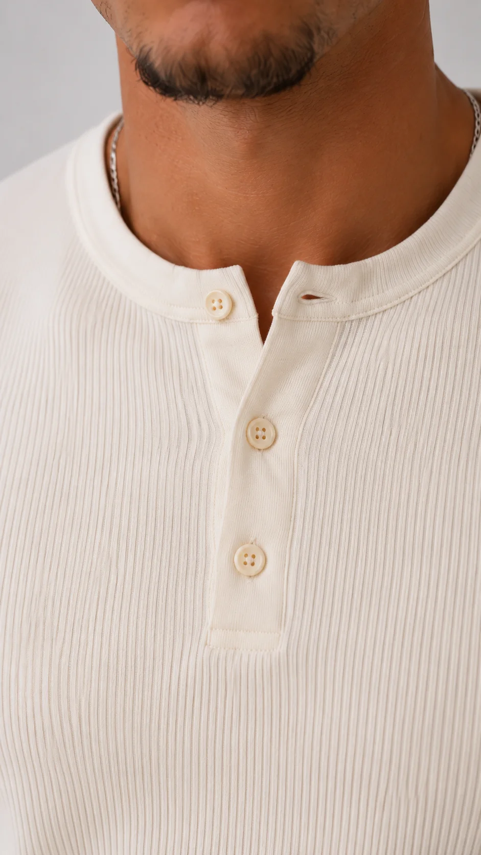 White ribbed henley close up