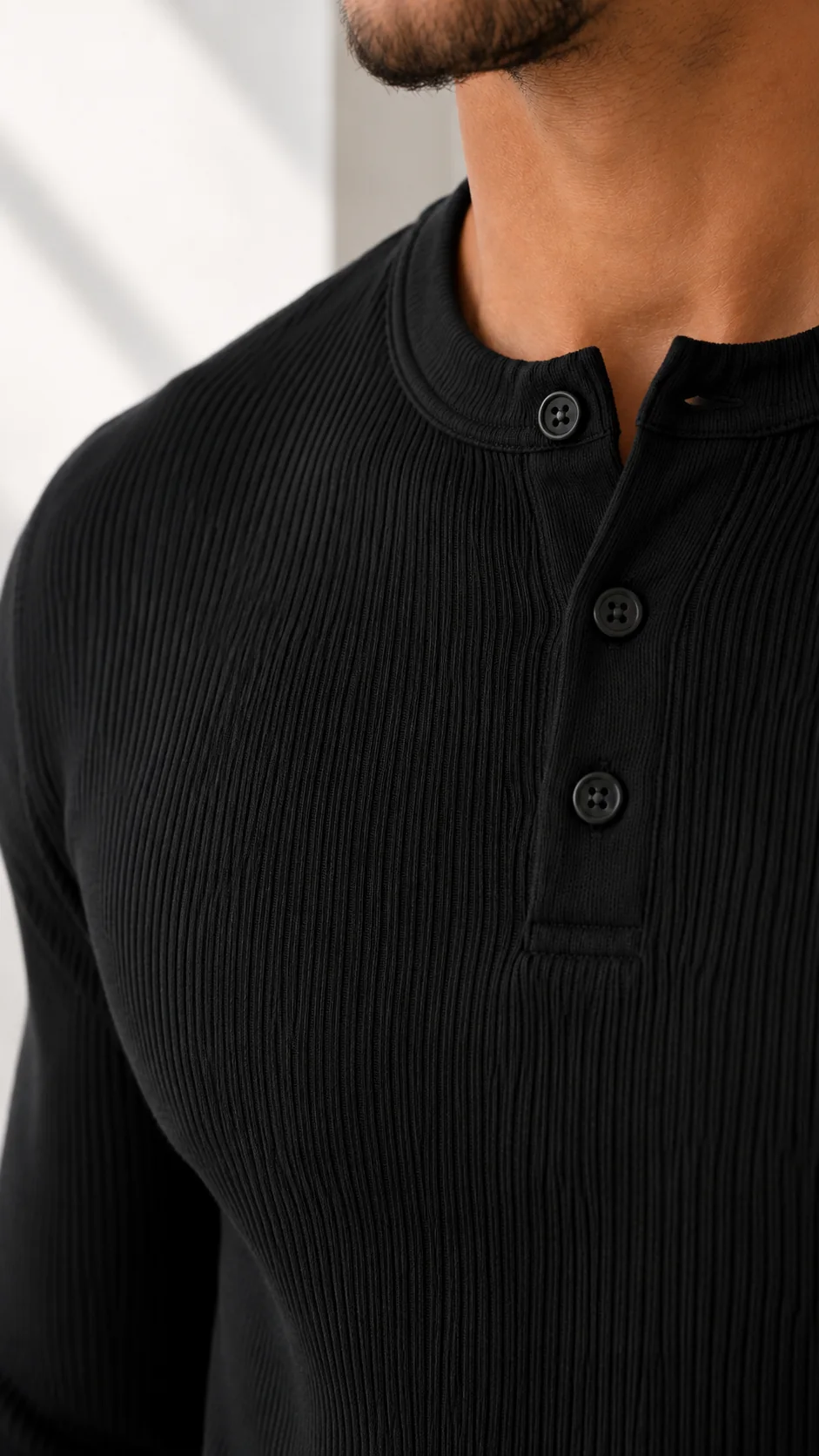 Black ribbed henley close up